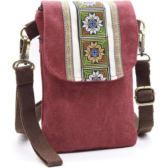 Women's Red Wine Vintage Embroidered Cute Mini Cross Body Bag Small Handbags - Picture 2 of 7